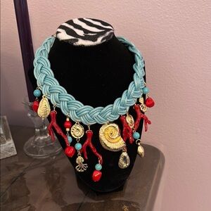 NWT Chic Braided Necklace with Red Coral and Gold Shell Charms BEACH Themed gift